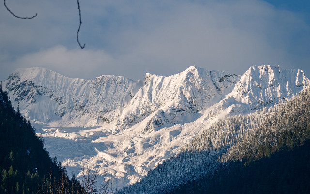 Snowy mountain trees clouds landscape free wallpaper for desktop - medium preview image