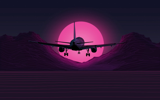 Night mountains plane pink sun free wallpaper for desktop - medium preview image