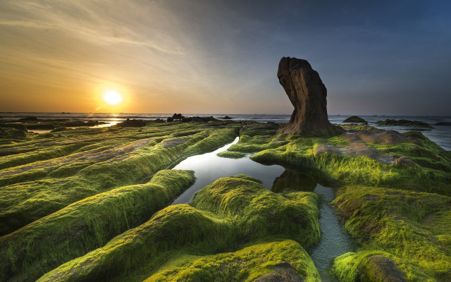 Mossy rock sunset cloudy horizon free wallpaper for desktop - medium preview image
