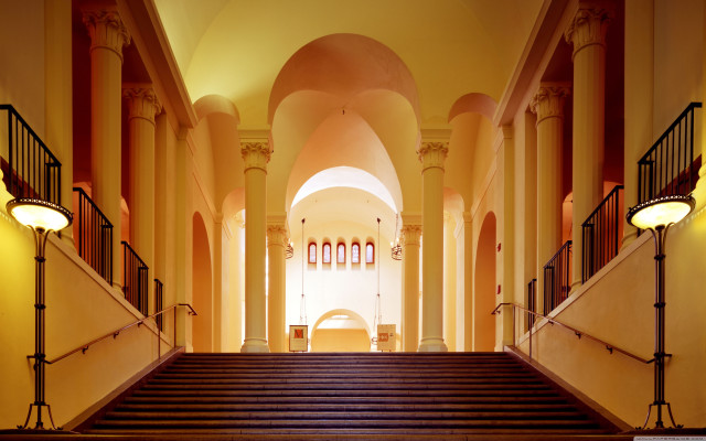 Large building stairs lights clock free wallpaper for desktop - medium preview image