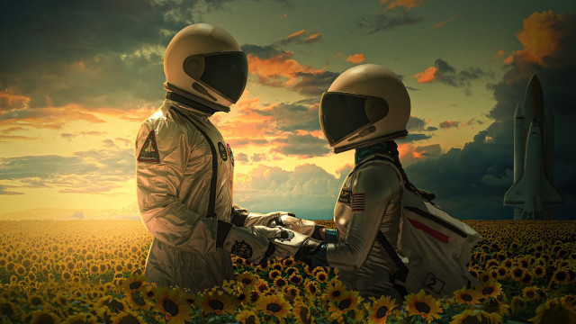 Sunflower field astronauts rocket sunset free wallpaper for desktop - medium preview image