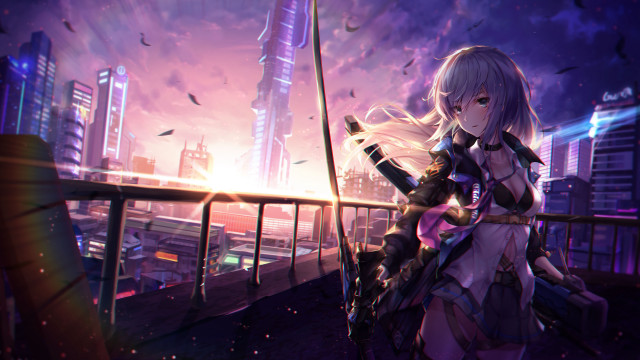 Woman purple sword city night free wallpaper for desktop - medium preview image