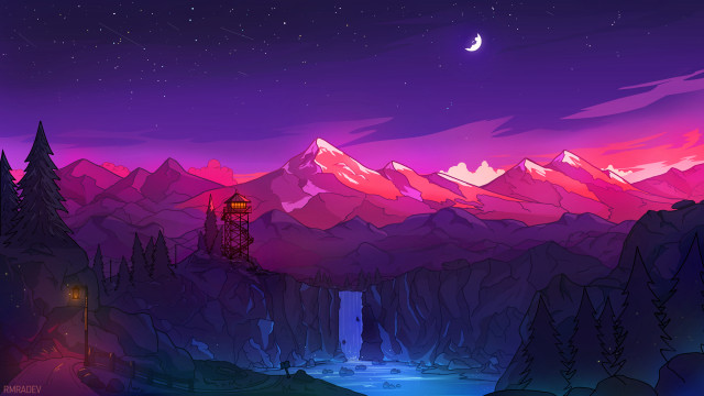 Mountains river tower night moon free wallpaper for desktop - medium preview image