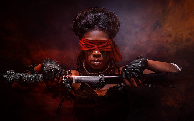 Blindfolded woman sword afrofuturism epic free wallpaper for desktop - medium preview image