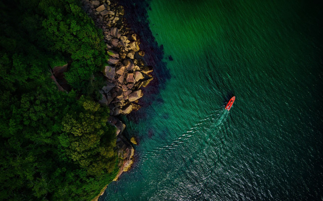 Boat shore trees rocks green free wallpaper for desktop - medium preview image