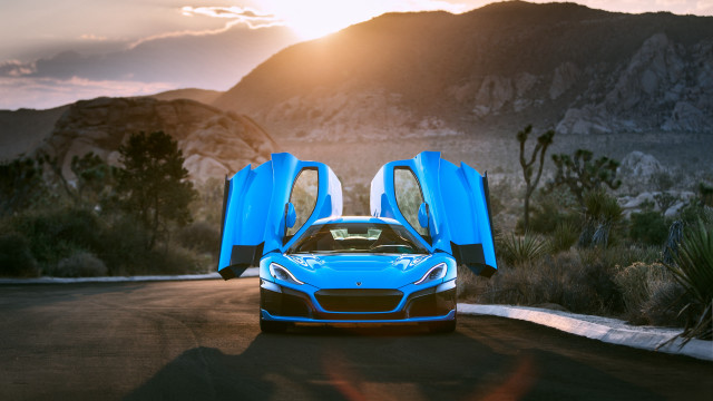 Blue sports car mountains sunset #2 free wallpaper for desktop - medium preview image