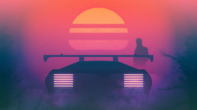 Car person sunset retrofuturism mountains free wallpaper for desktop - medium preview image