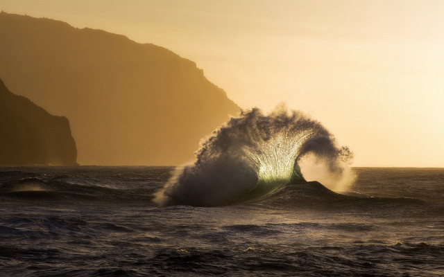 Crashing wave mountain sunset beach free wallpaper for desktop - medium preview image