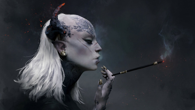White haired woman smoking fantasy free wallpaper for desktop - medium preview image