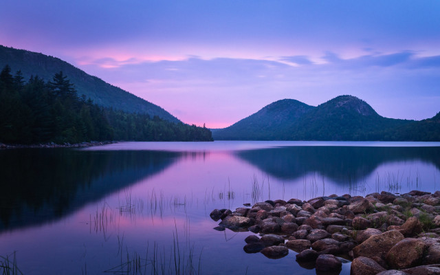 Lake mountain dusk purple sky free wallpaper for desktop - medium preview image