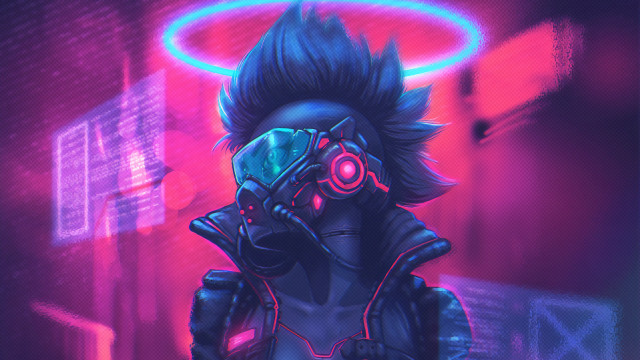 Man gasmask neoncircle retrofuturism cyberpunk free wallpaper for desktop - medium preview image