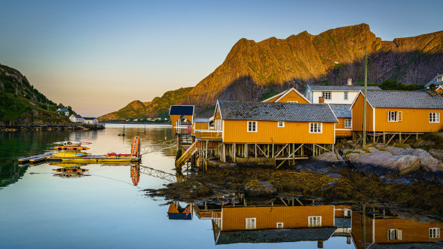 Yellow house lake mountain boats #2 free wallpaper for desktop - medium preview image