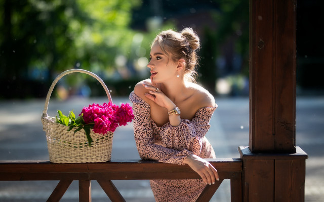 Woman bench flower basket summer free wallpaper for desktop - medium preview image