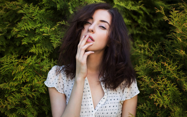 Woman posing bush hands mouthed free wallpaper for desktop - medium preview image