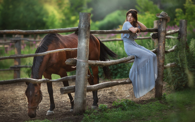 Woman blue dress fence horse #2 free wallpaper for desktop - medium preview image
