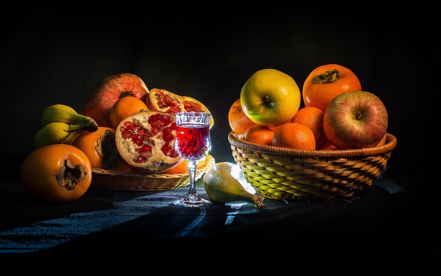 Bowl of fruit and wine free wallpaper for desktop - medium preview image