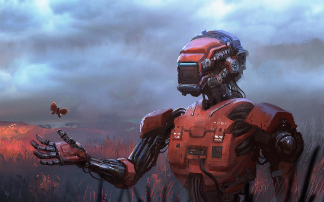Robot butterfly field cyberpunk glowing free wallpaper for desktop - medium preview image