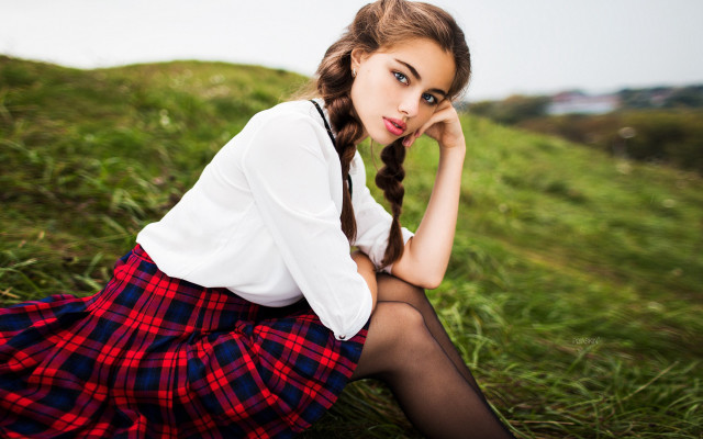 Woman sitting hill bush plaid free wallpaper for desktop - medium preview image