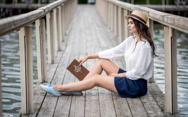 Woman pier book hat outdoors free wallpaper for desktop - medium preview image