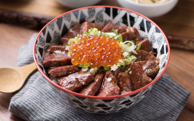 Bowl meat vegetables rice sauce free wallpaper for desktop - medium preview image