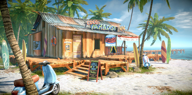 Beach shack scooter man standing free wallpaper for desktop - medium preview image
