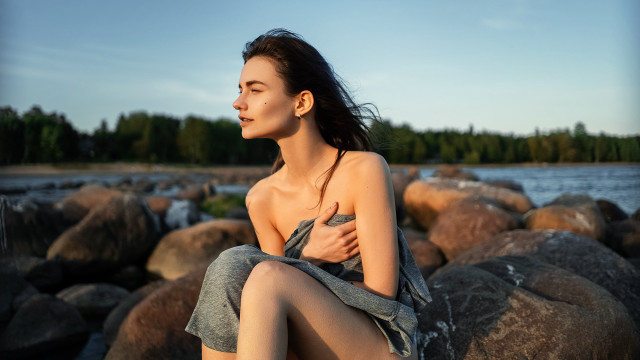 Woman rock water forest blue free wallpaper for desktop - medium preview image