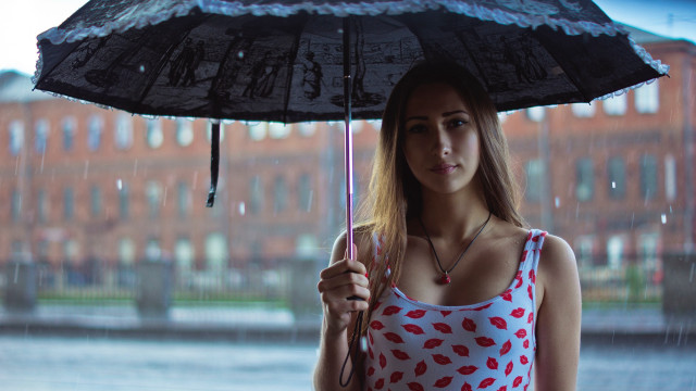 Woman umbrella rain building city free wallpaper for desktop - medium preview image