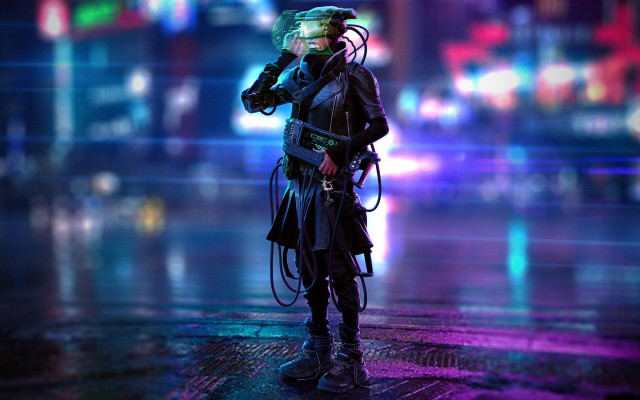 Futuristic man city street night free wallpaper for desktop - medium preview image