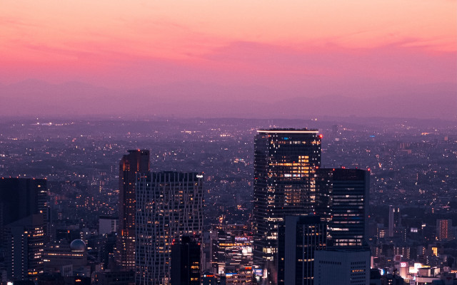 City skyline pink sky aurora free wallpaper for desktop - medium preview image