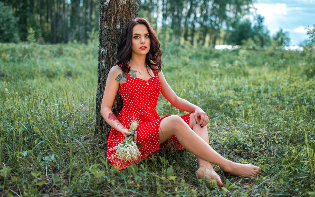 Woman red dress sitting grass free wallpaper for desktop - medium preview image