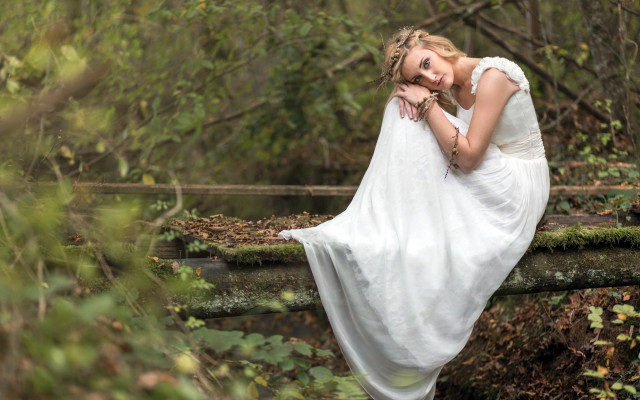 Woman white dress bridge woods free wallpaper for desktop - medium preview image