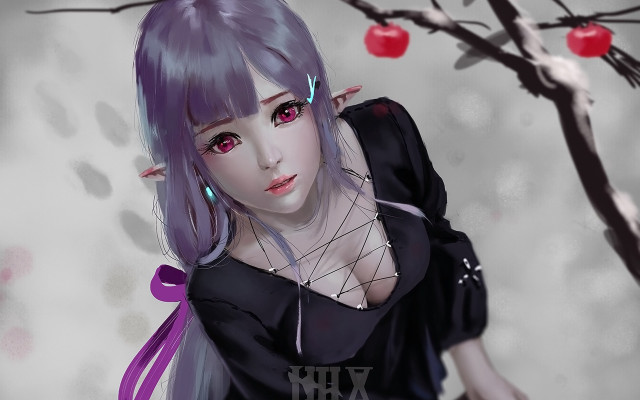 Purple hair elf cherry berry free wallpaper for desktop - medium preview image