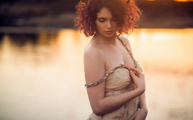 Woman red hair lake dress free wallpaper for desktop - medium preview image