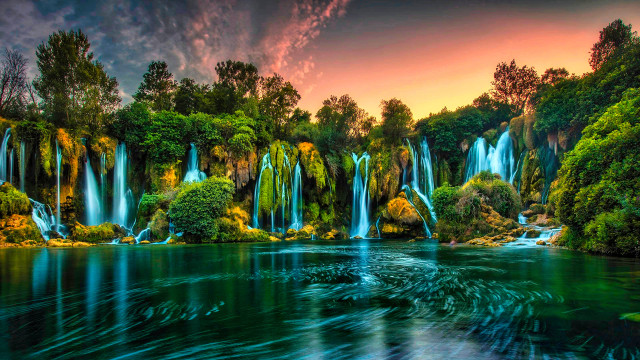 Waterfall river forest sunset impressionist free wallpaper for desktop - medium preview image