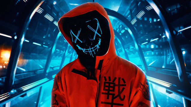 Neon mask hoodie cyberpunk dark free wallpaper for desktop - medium preview image