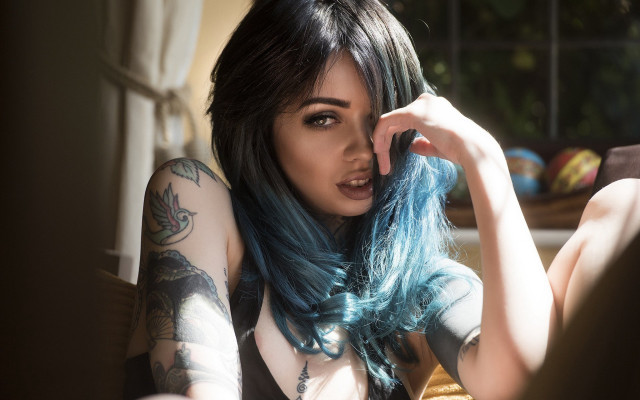 Blue haired woman tattoo rococo free wallpaper for desktop - medium preview image