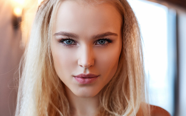 Blonde woman blue eyes window #2 free wallpaper for desktop - medium preview image