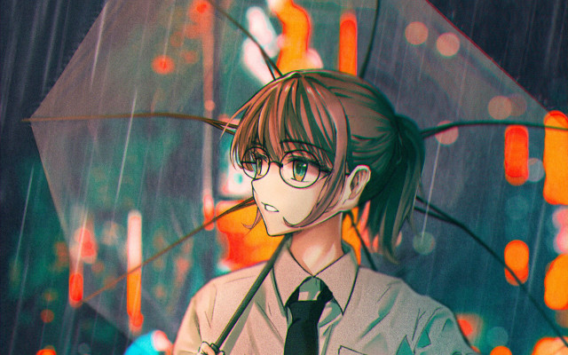 Rainy manga woman umbrella brown free wallpaper for desktop - medium preview image