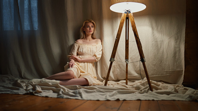Woman sitting bed lamp curtain free wallpaper for desktop - medium preview image