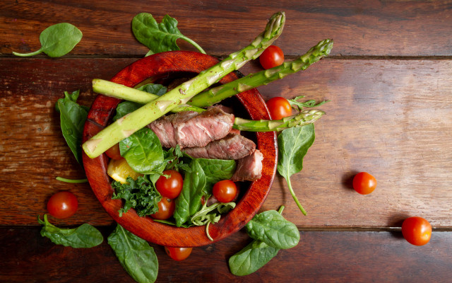 Bowl vegetables meat wooden table free wallpaper for desktop - medium preview image