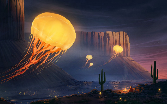 Jellyfish ocean night fullmoon fantasy free wallpaper for desktop - medium preview image
