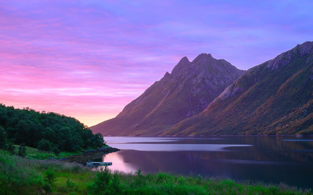 Mountain lake boat sunset pink #2 free wallpaper for desktop - medium preview image
