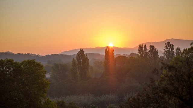 Sunset forest mountains trees clouds free wallpaper for desktop - medium preview image