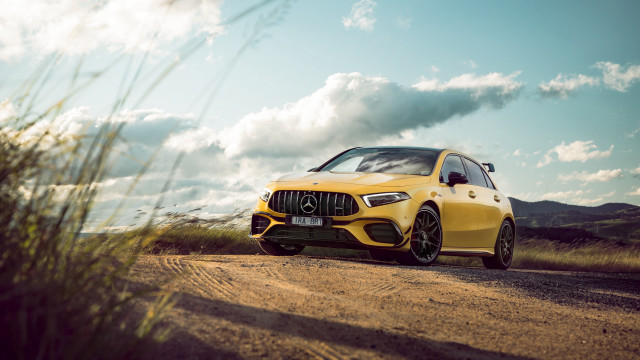 Yellow mercedes amg cla desert free wallpaper for desktop - medium preview image