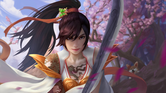 Woman sword flower white dress free wallpaper for desktop - medium preview image