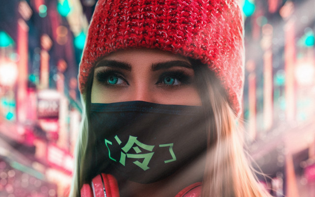 Woman red hat black mask free wallpaper for desktop - medium preview image