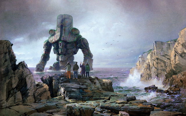 Giant robot cliff ocean people free wallpaper for desktop - medium preview image