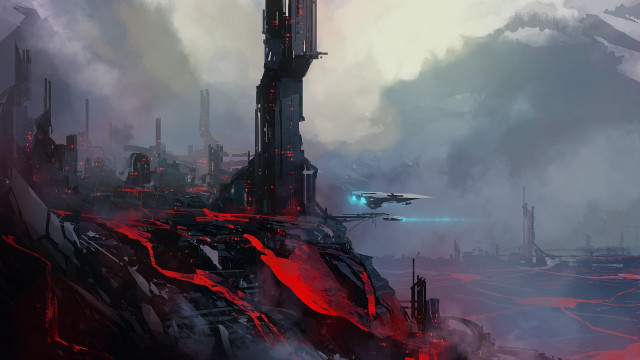 Futuristic city red light plane free wallpaper for desktop - medium preview image