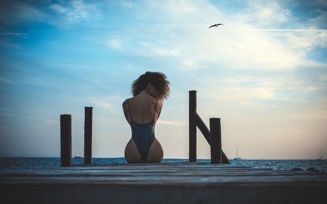 Woman dock ocean bird sky free wallpaper for desktop - medium preview image