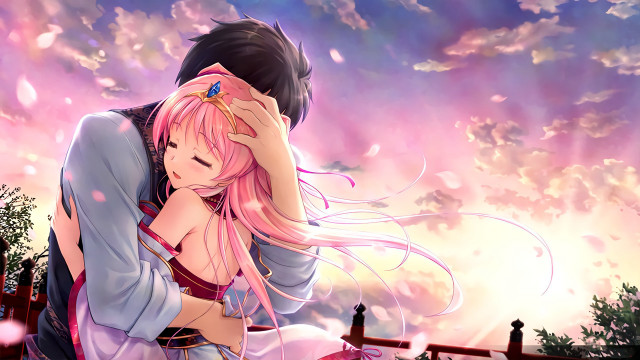 Sky couple hug pink haired free wallpaper for desktop - medium preview image